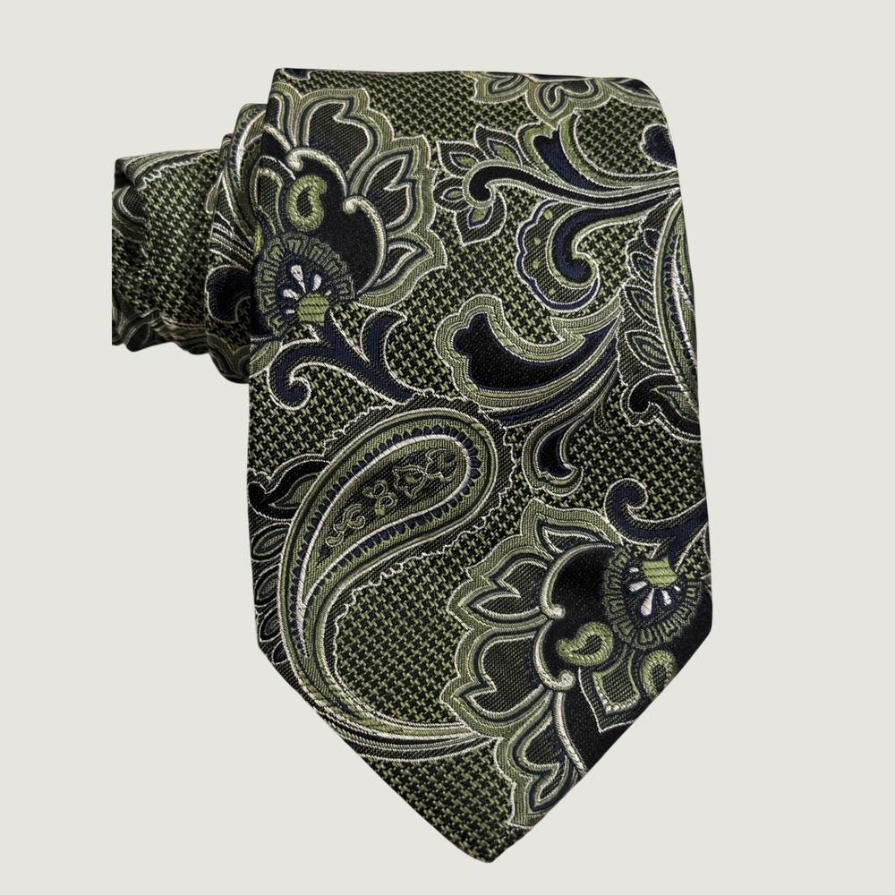 Jos. A. Bank Signature Collection Silk Tie Olive Green Black Paisley Mens 3.5"